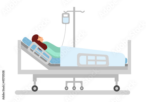 A sick woman is in medical bed on a drip. Patient is in hospital concept vector illustration on white background.