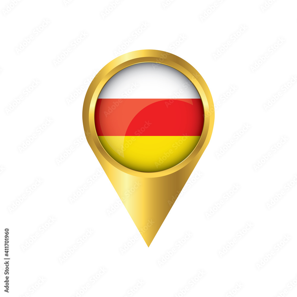 Flag of South Ossetia.symbol check in South Ossetia, golden map pointer with the national flag of South Ossetia in the button. vector illustration. Flag of South Ossetia.symbol check in South Ossetia, golden map pointer with the national flag of South Ossetia in the button. vector illustration.
