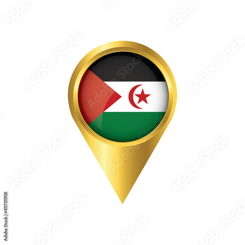 Flag of Western Sahara.symbol check in Western Sahara, golden map pointer with the national flag of Western Sahara in the button. vector illustration.