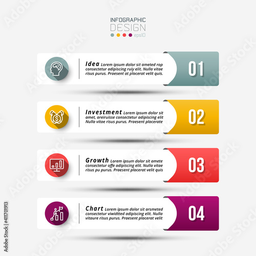 Information tabs present the workflow or use a report and explain the workflow in 4 steps designed by vector infographics.