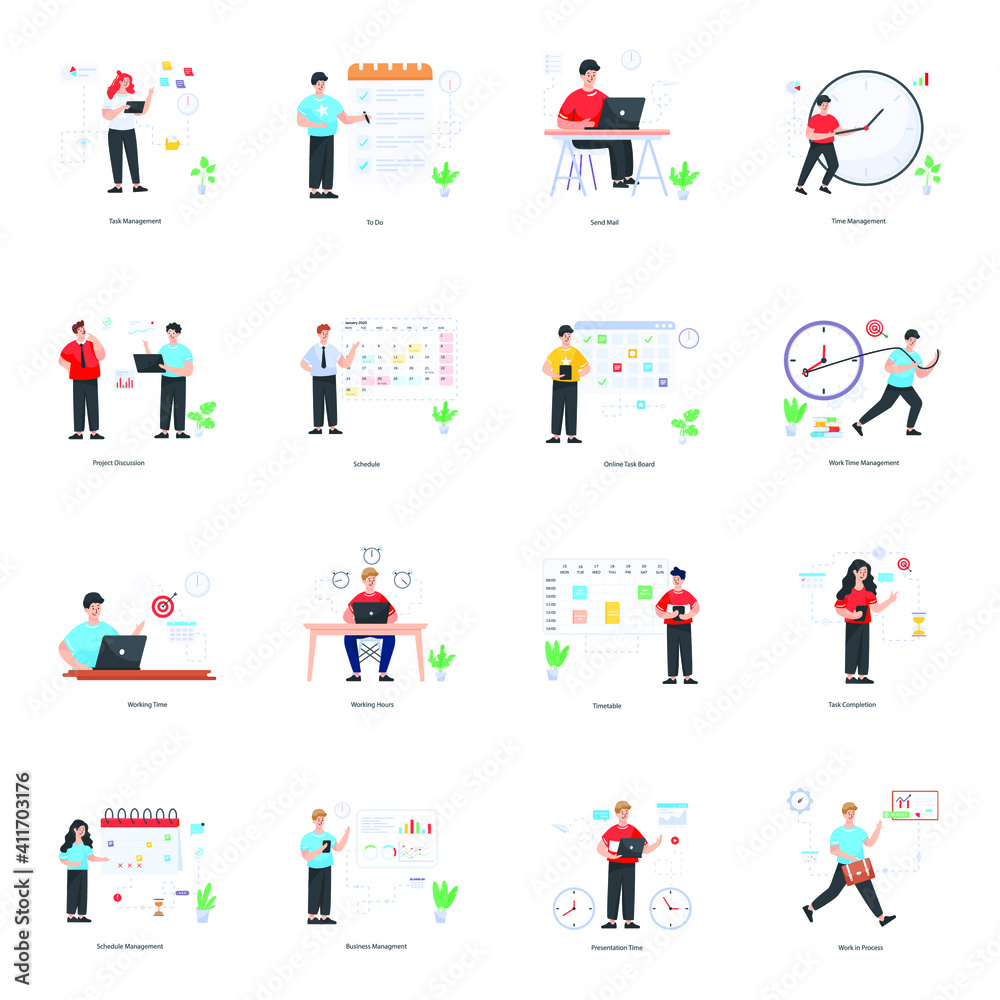 Time Management Flat Illustrations Pack
Time Management Flat Illustrations Pack