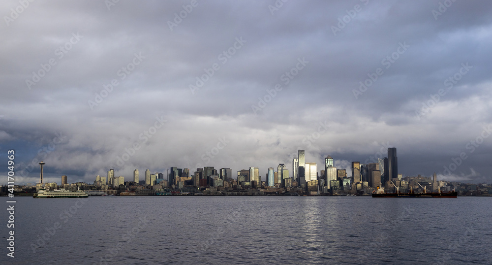 View of the Seattle cityscape seen across the Puget Sound in Washington State