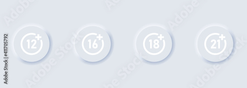 Set of age restriction icons. 12, 14, 18 and 21 age limit concept. Adults content. Neumorphism style. Vector EPS 10. Isolated on white background