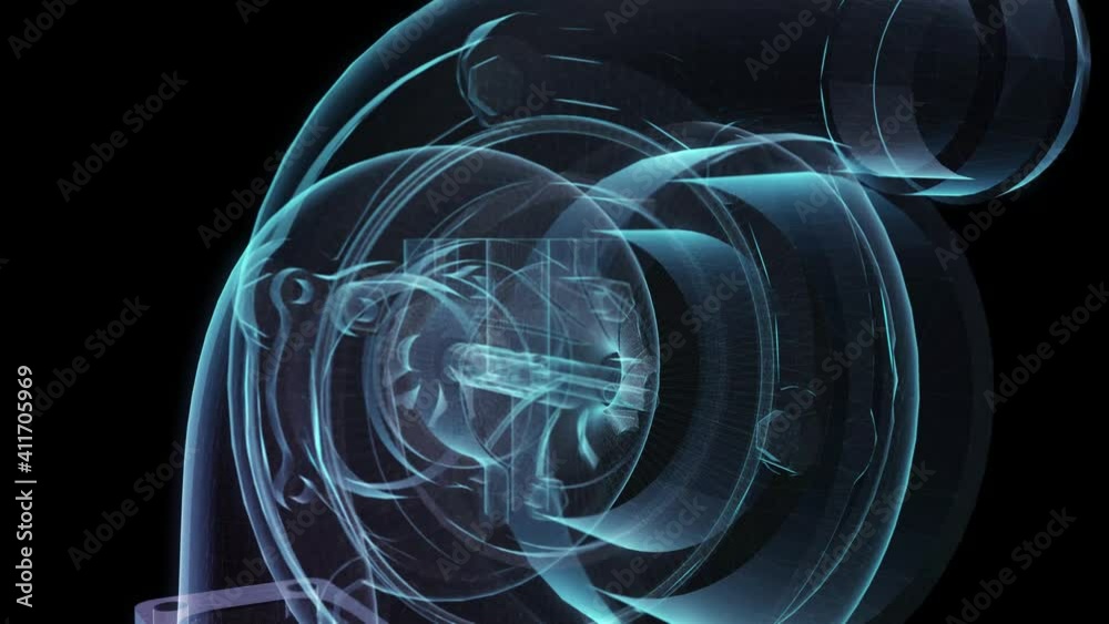 Turbocharger polygonal 3d model. Turbine in motion and connected to form.