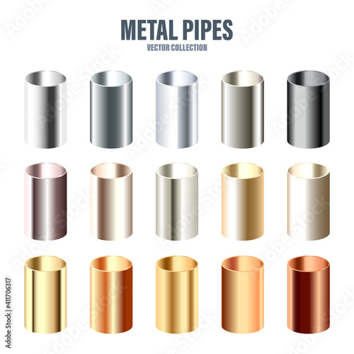 Steel and copper pipes collection. Construction material. Polished metal texture. Silver gradient. Vector illustration.