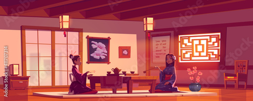Tea ceremony in asian restaurant, women wear traditional kimono in Chinese or Japanese cafe sit at served low table on floor pillow, cafeteria interior with authentic decor cartoon vector illustration