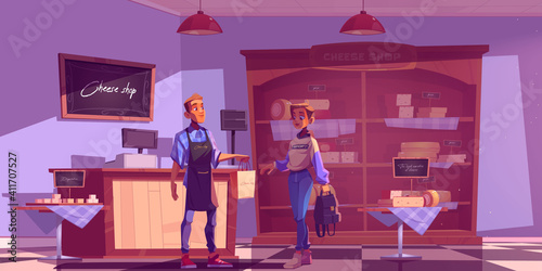 Woman visit cheese shop, seller give bag with products to customer in store interior with varieties of production on shelves, degustation desk, cashier and chalk signboard, Cartoon illustration
