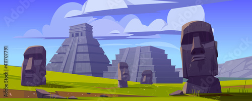 Moai statues and pyramids, republic of Chile travel famous landmarks stone heads on green field of Easter Island or Rapa Nui, symbol of South America archaeology monument cartoon vector illustration