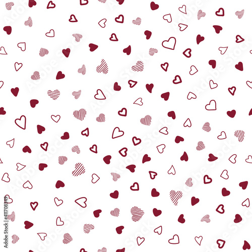 Color pattern with hearts. Chaotic pattern hearts. Seamless vector pattern dark red hearts on white background. Doodle style. Backdrop for valentines day or card love.
