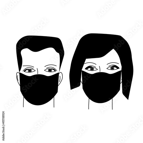 Face of man and woman in protective mask, medical mask on mans face