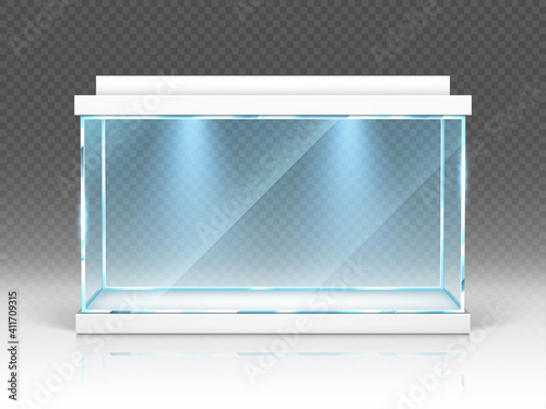 Aquarium glass box, terrarium with backlight isolated on transparent background. Empty illuminated tank for water and fishes, exhibition showcase, interior decoration, Realistic 3d vector illustration