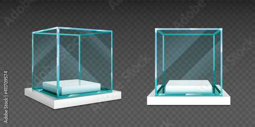 Glass cube box on white stand. Empty clear square showcase on podium in front and angle view. Vector realistic mockup of 3d acrylic or plexiglass box for exhibit isolated on transparent background