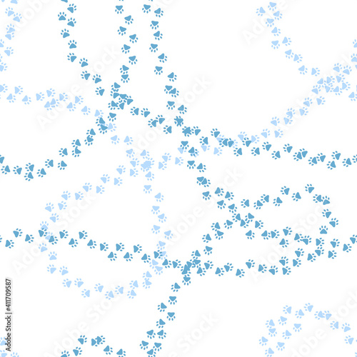 blue animal footprints distributed chaotically on white repetitive background. vector seamless pattern. color image. fabric swatch. wrapping paper. continuous print. winter illustration