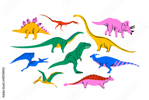 Big set of colorful dinosaur doodle illustration on isolated background. Trendy 90s style dinosaurs collection for educational concept or children design. Includes T-rex  triceratops  pterodactyl.