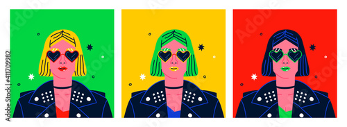 Pop art woman portrait illustration set. Cool girl with leather jacket and heart shape sunglasses in 90s flat cartoon style. 