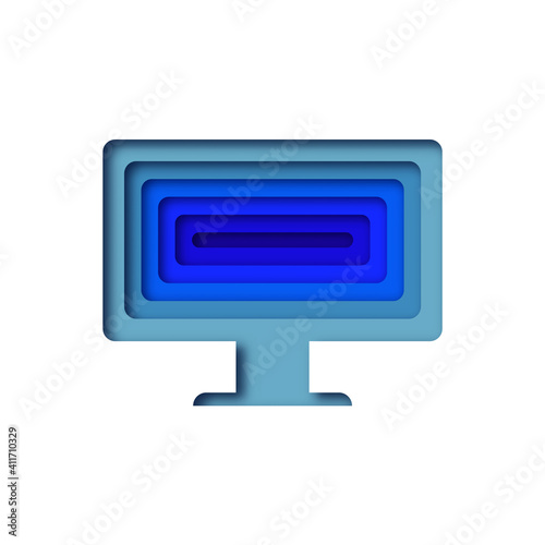Computer monitor shape in 3D paper cut style. Layered papercut illustration of LCD TV. Cutout device screen on isolated background. Office business concept, internet topic or technology design.