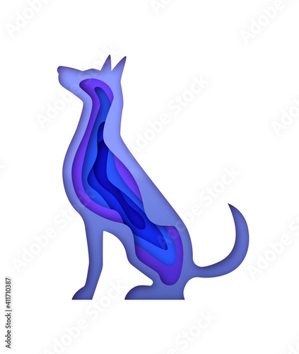 Papercut dog animal shape in realistic 3d paper craft art style. Doggy pet sitting for training concept or medical vet care on isolated background.