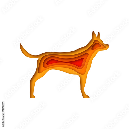 Papercut dog animal shape in realistic 3d paper craft art style. Doggy pet concept, medical vet care design on isolated background.