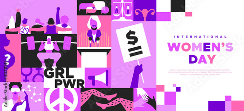 International Women’s Day landing web page template for women rights or feminist social issues event on March 8. Pink mosaic illustration girl friend group together, equal pay protest sign and more.