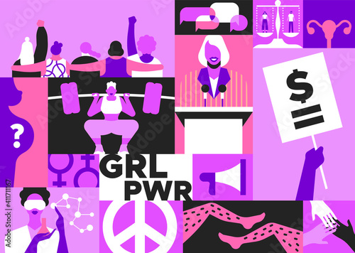International Women’s Day mosaic illustration for women rights or feminist social issues event on March 8. Pink flat cartoon concept, girl friend group together, equal pay protest sign and more.