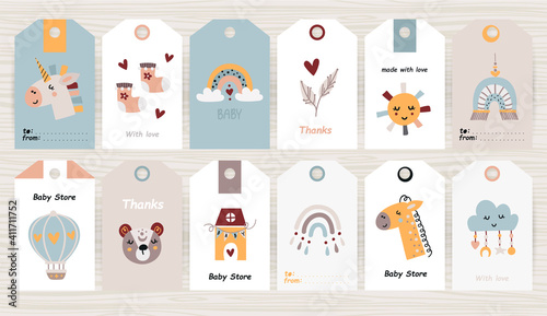 Set of tags with bohemian items for girl and boy.