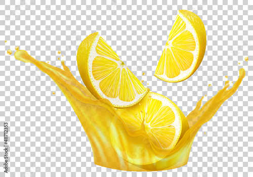 Lemons slices in lemon juice splashes and many drops realistic illustration. Lemonade is flowing