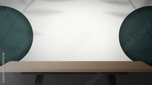 White room with empty work table. A wooden table in a stylish room. Shadows from the leaves. Vector illustration