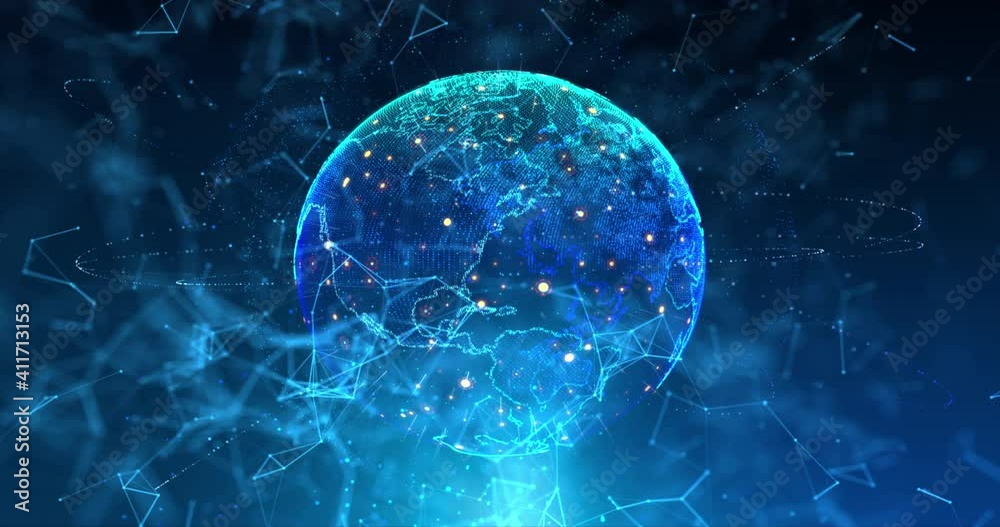 Global spinning with data transfer arrow and random digit number for communication concept, The earth rotating with dot node and line connection, Binary code, Cyber futuristic and technology concepts