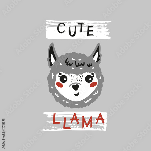 Cute Llama Face. Funny Gray Alpaca Head for Tee Print Design for Kids. Vector Cartoon Little Baby Animal. Scandinavian Card, Print or Poster Design
