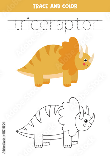 Trace word trice raptor and color the dinosaur.