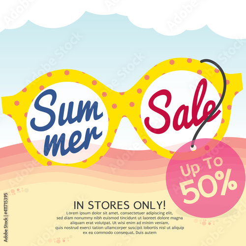 Glasses On The Beach Summer Sale Banner 5000x5000 Pixel Concept Vector Illustration. photo