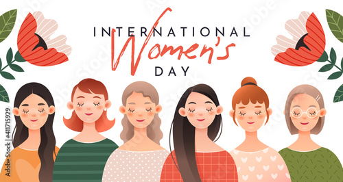 A group of cute girls. Greeting postcard for International Women's Day (March 8).