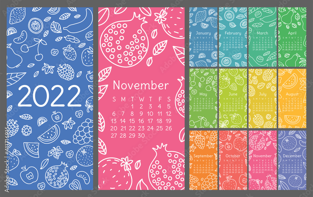 Calendar 2022. Vector English wall calender template. Fruits, berries. Lemon, kiwi, banana, pear, cherry and strawberry. Raspberry, watermelon, grapes, apple, pomegranate and mandarin.