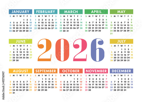 Calendar 2026. English colorful vector horizontal wall or pocket calender template. Design. New year. Week starts on Sunday