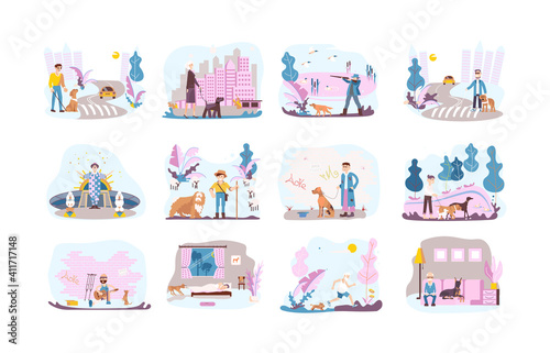 Dog owner with petsSet of dog owner with pets. People walking with different breeds of dogs. Flat Art Vector illustration