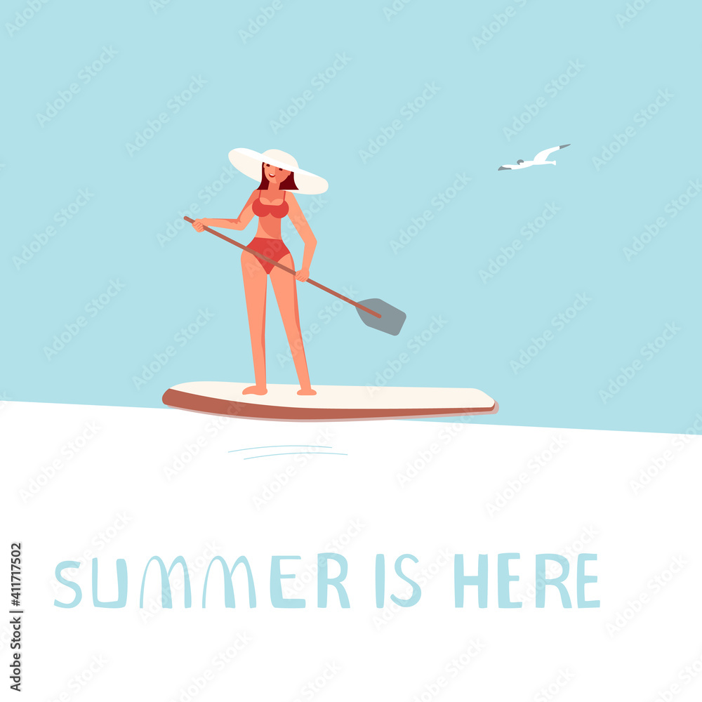 Summer is here square banner template. People on summer vacation concept. A young man on Stand Up Paddle Surfing. Flat Art Vector Illustration