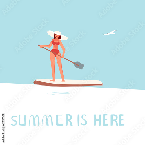 Summer is here square banner template. People on summer vacation concept. A young man on Stand Up Paddle Surfing. Flat Art Vector Illustration