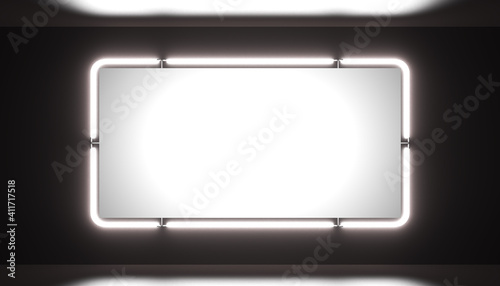 A bright white neon blank sign on a black background is glowing bright. Add your own text message in the frame border.