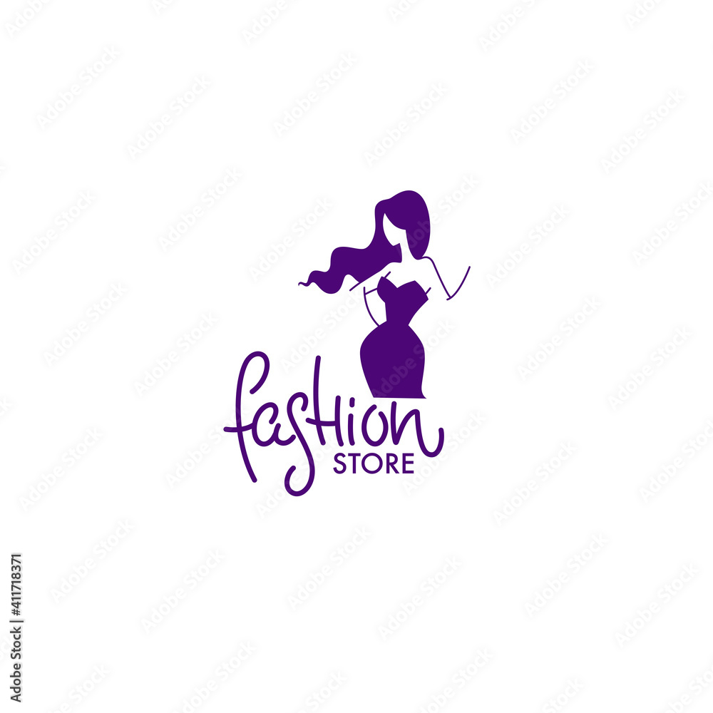 vector  fashion boutique and store logo, label, emblem with  lady and dress silhouette and lettering composition