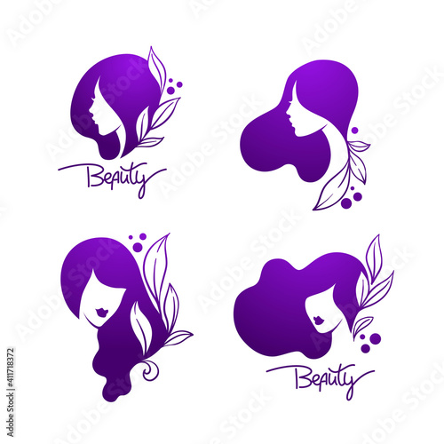 beautiful woman with long hair and plants, vector emblems and logo with lettering composition