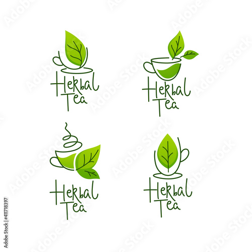 herbal green tea,  vector collection of line art logo, labels, emblems with lettering composition