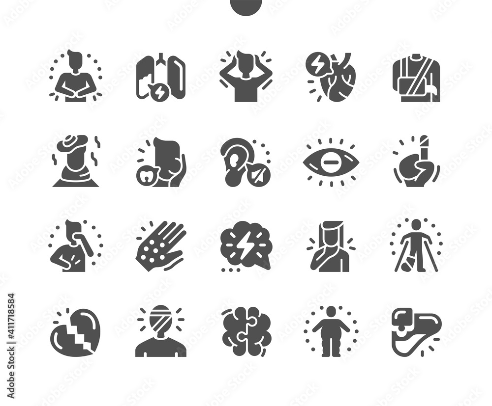 Health issues. Mental health and emotional problems. Headache, toothache, cirrhosis and qualmishness. Brain diseases. Vector Solid Icons. Simple Pictogram