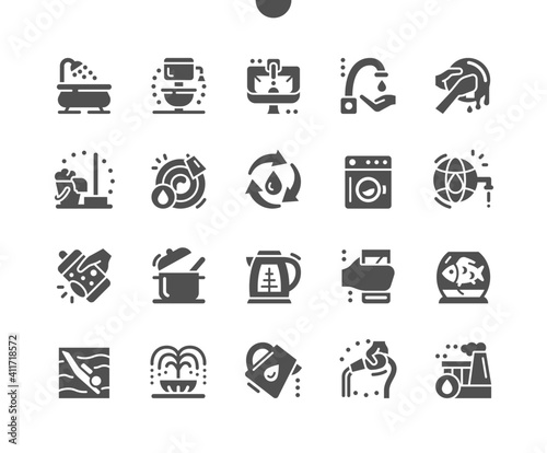 Water consumption. Water use in production. Water for washing dishes, cleaning, aquarium, irrigation. World water reserves. Vector Solid Icons. Simple Pictogram