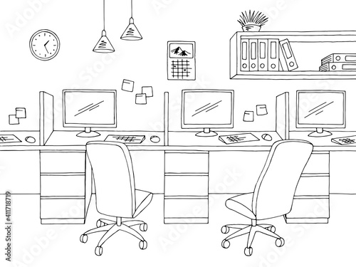 Call center office graphic black white interior sketch illustration vector