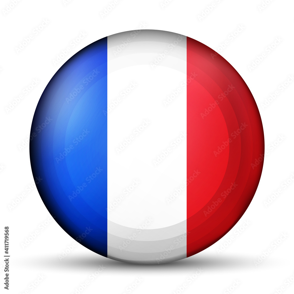 Glass light ball with flag of France. Round sphere, template icon. French national symbol. Glossy realistic ball, 3D abstract vector illustration highlighted on a white background. Big bubble. Glass light ball with flag of France. Round sphere, template icon. French national symbol. Glossy realistic ball, 3D abstract vector illustration highlighted on a white background. Big bubble.