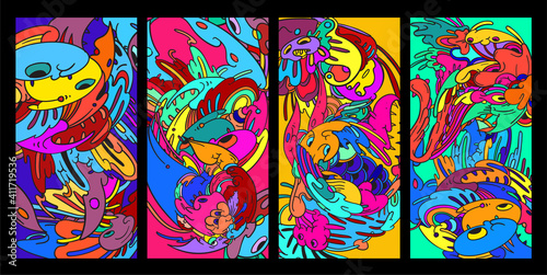 Psychedelic colorful vector hand drawn doodle illustration background for poster and banner
