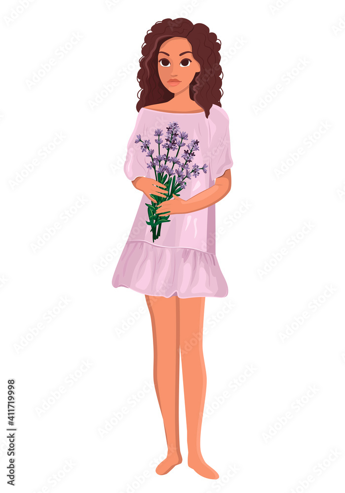 African-American woman in a full-length dress holds a lavender bouquet. Vector graphics. EPS format. flat style. cartoon African-American woman in a full-length dress holds a lavender bouquet. Vector graphics. EPS format. flat style. cartoon