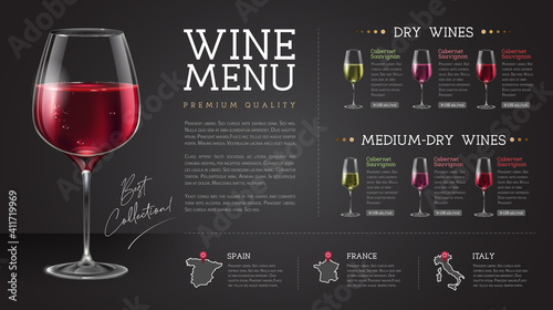 Wine restaurant menu design with realistic wine glasses and bottles. Chalk background