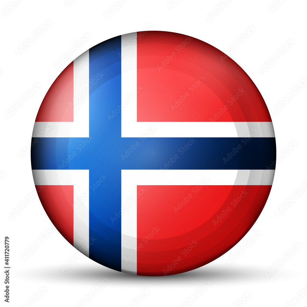 Obraz premium Glass light ball with flag of Norway. Round sphere, template icon. Norwegian national symbol. Glossy realistic ball, 3D abstract vector illustration highlighted on a white background. Big bubble.