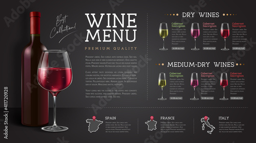 Wine restaurant menu design with realistic wine glasses and bottles. Chalk background